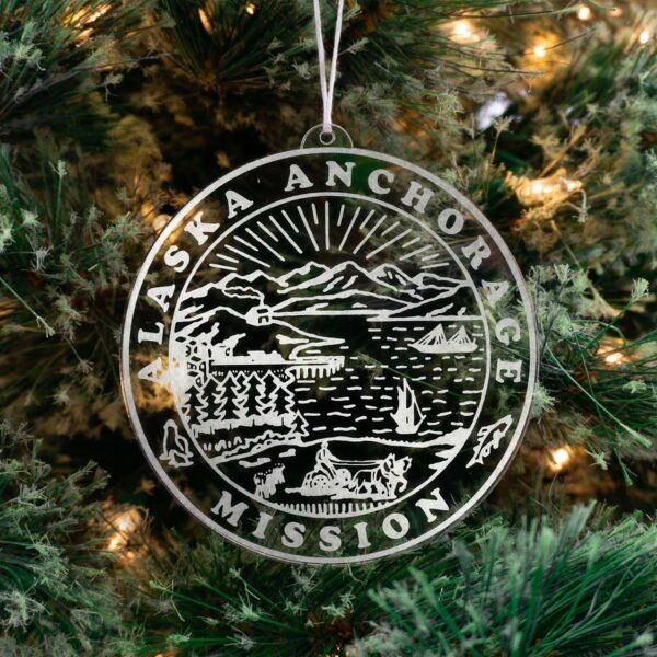 LDS Alaska Anchorage Mission Christmas Ornament hanging on a Tree