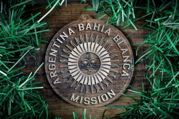 LDS Argentina Bahia Blanca Mission Christmas Ornament surrounded by a Simple Reef