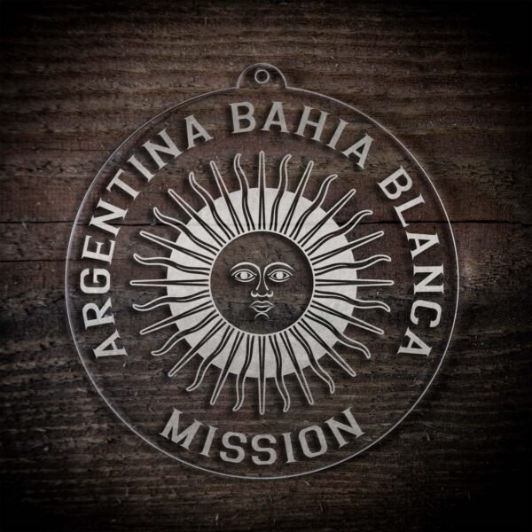 LDS Argentina Bahia Blanca Mission Christmas Ornament laying on a Wooden Background