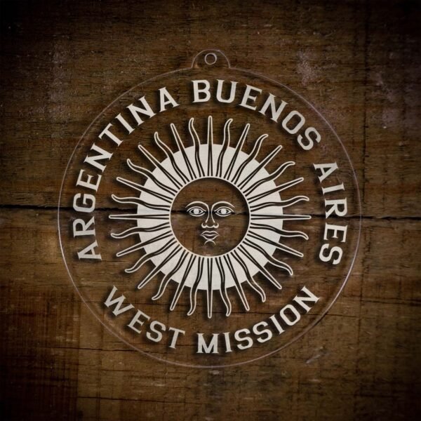 LDS Argentina Buenos Aires West Mission Christmas Ornament laying on a Wooden Background