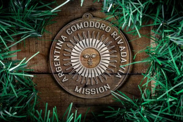 LDS Argentina Comodoro Rivadavia Mission Christmas Ornament surrounded by a Simple Reef