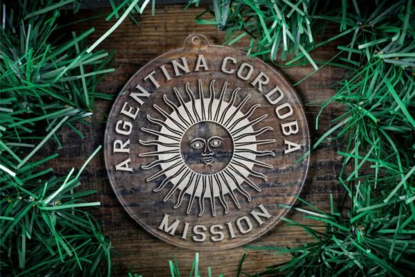 LDS Argentina Cordoba Mission Christmas Ornament surrounded by a Simple Reef