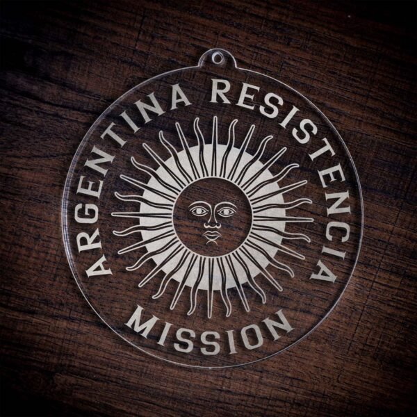 LDS Argentina Resistencia Mission Christmas Ornament laying on a Wooden Background