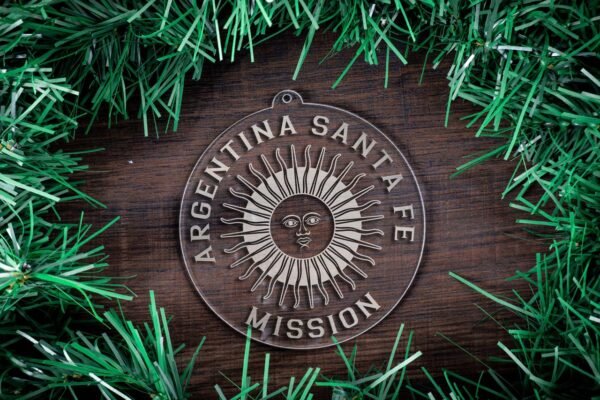 LDS Argentina Santa Fe Mission Christmas Ornament surrounded by a Simple Reef