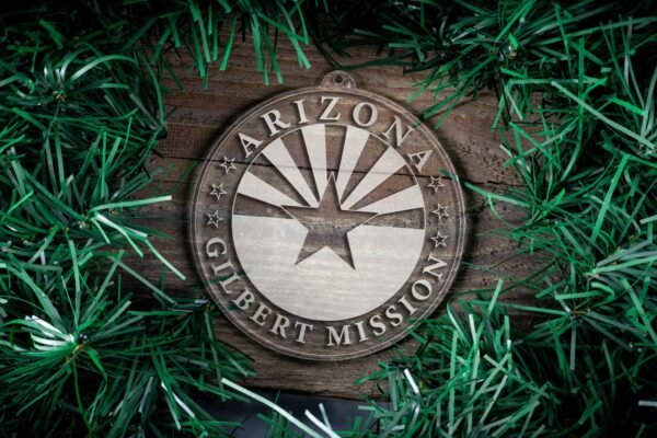 LDS Arizona Gilbert Mission Christmas Ornament surrounded by a Simple Reef