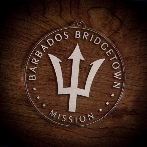 LDS Barbados Bridgetown Mission Christmas Ornament laying on a Wooden Background