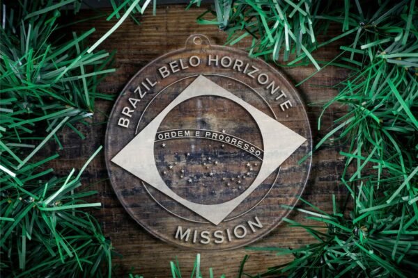 LDS Brazil Belo Horizonte Mission Christmas Ornament surrounded by a Simple Reef