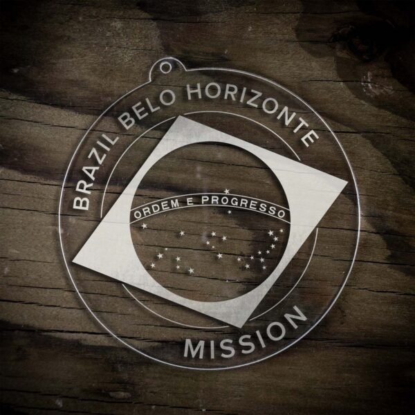 LDS Brazil Belo Horizonte Mission Christmas Ornament laying on a Wooden Background