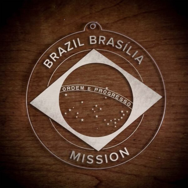 LDS Brazil Brasilia Mission Christmas Ornament laying on a Wooden Background