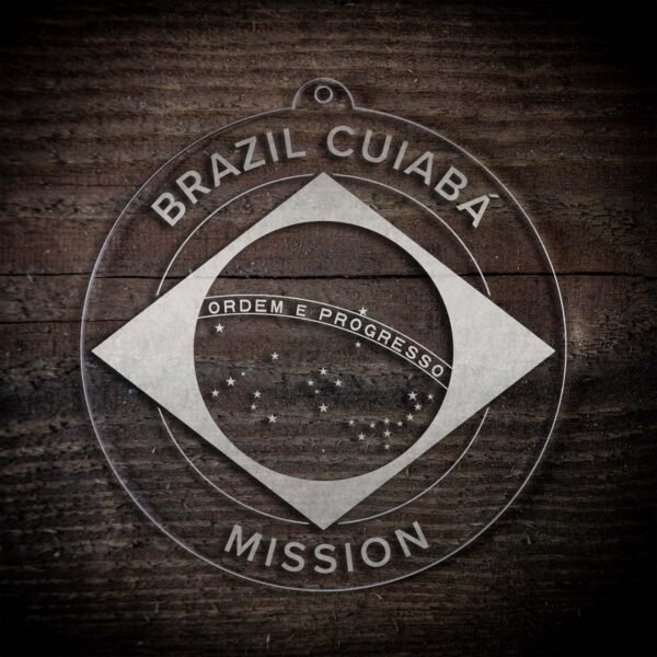 LDS Brazil Cuiaba Mission Christmas Ornament laying on a Wooden Background