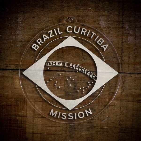 LDS Brazil Curitiba Mission Christmas Ornament laying on a Wooden Background