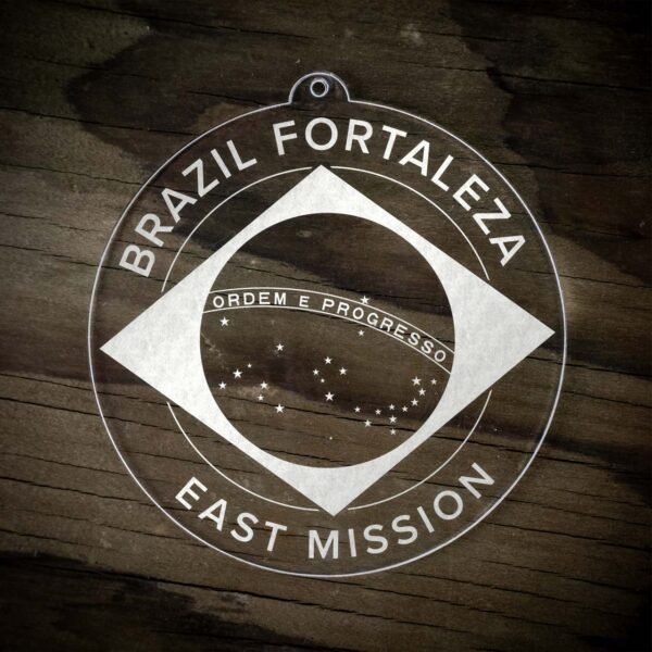 LDS Brazil Fortaleza East Mission Christmas Ornament laying on a Wooden Background