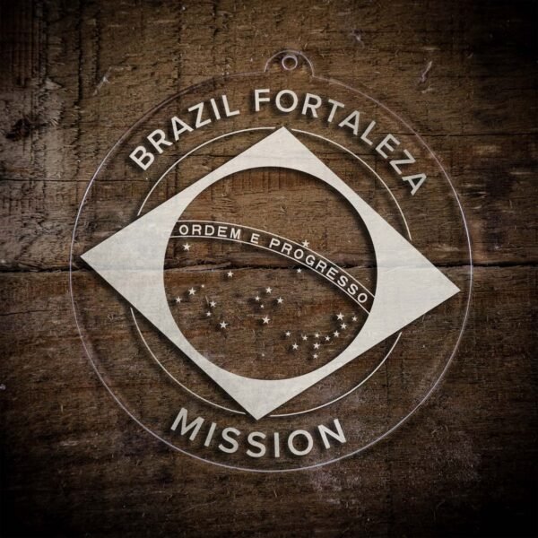 LDS Brazil Fortaleza Mission Christmas Ornament laying on a Wooden Background