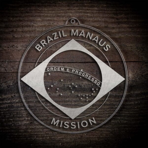 LDS Brazil Manaus Mission Christmas Ornament laying on a Wooden Background