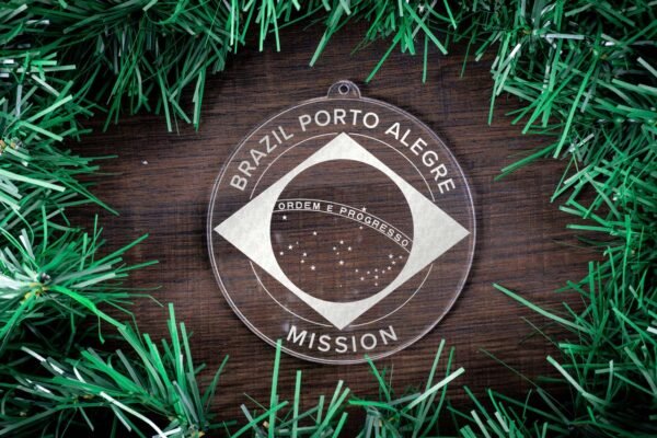 LDS Brazil Porto Alegre Mission Christmas Ornament surrounded by a Simple Reef