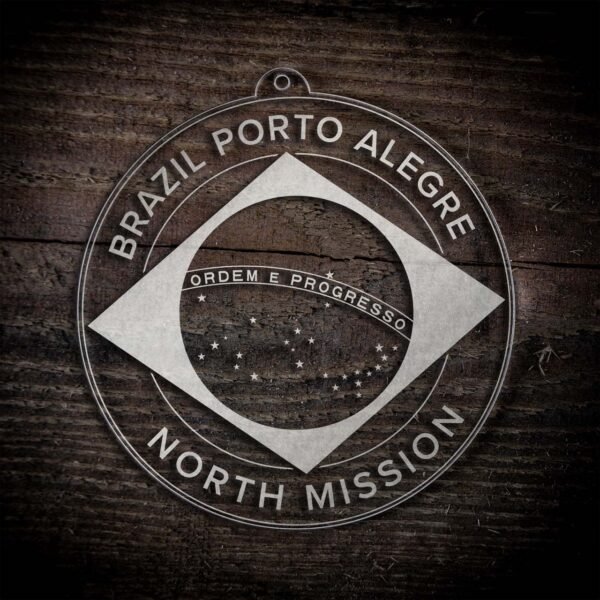 LDS Brazil Porto Alegre North Mission Christmas Ornament laying on a Wooden Background