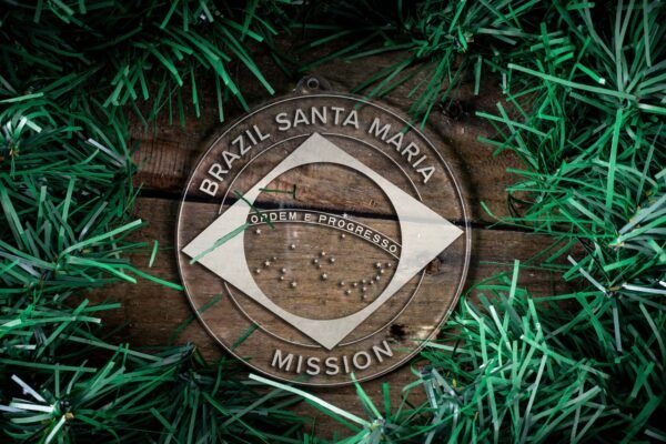 LDS Brazil Santa Maria Mission Christmas Ornament surrounded by a Simple Reef