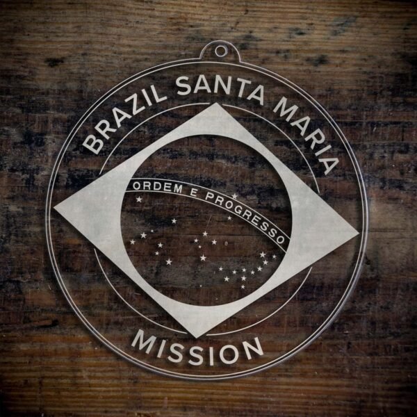 LDS Brazil Santa Maria Mission Christmas Ornament laying on a Wooden Background