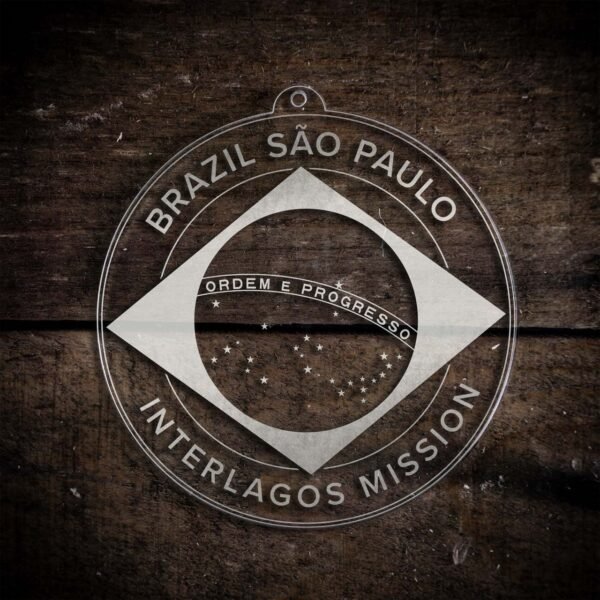 LDS Brazil Sao Paulo Interlagos Mission Christmas Ornament laying on a Wooden Background