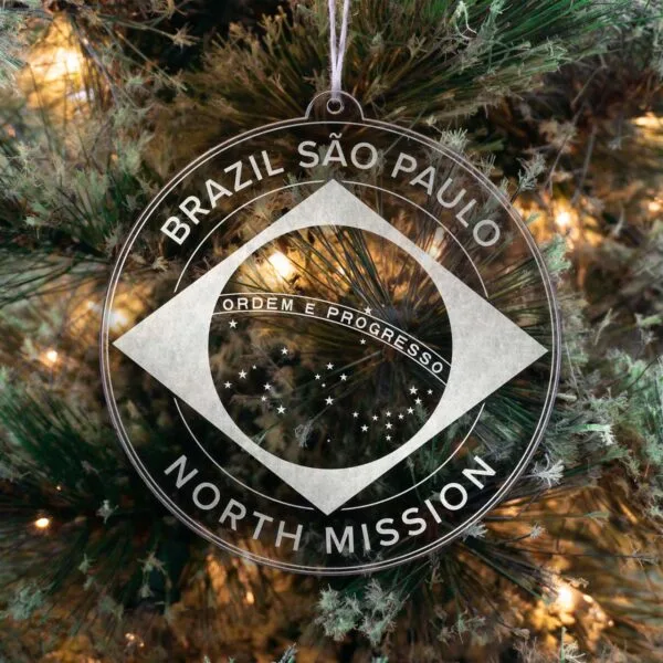LDS Brazil Sao Paulo North Mission Christmas Ornament hanging on a Tree