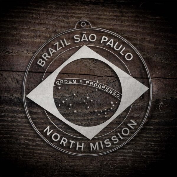 LDS Brazil Sao Paulo North Mission Christmas Ornament laying on a Wooden Background