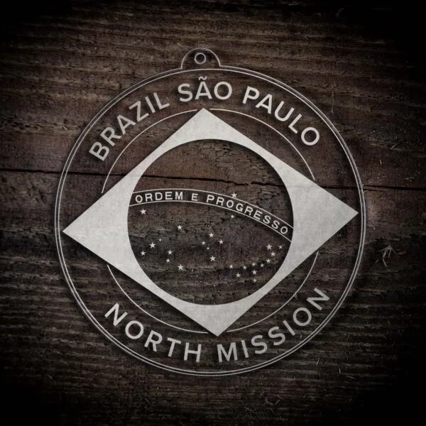 LDS Brazil Sao Paulo North Mission Christmas Ornament laying on a Wooden Background