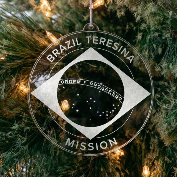 LDS Brazil Teresina Mission Christmas Ornament hanging on a Tree