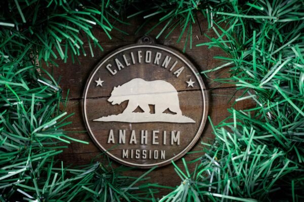 LDS California Anaheim Mission Christmas Ornament surrounded by a Simple Reef