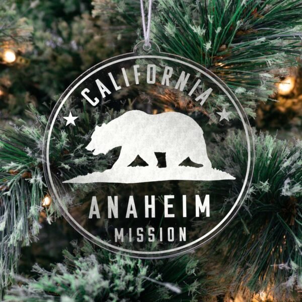 LDS California Anaheim Mission Christmas Ornament hanging on a Tree
