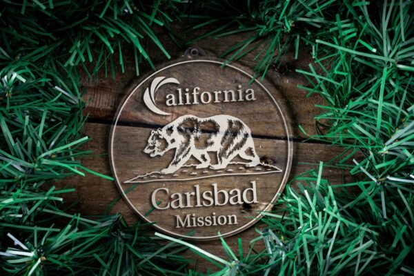 LDS California Carlsbad Mission Christmas Ornament surrounded by a Simple Reef
