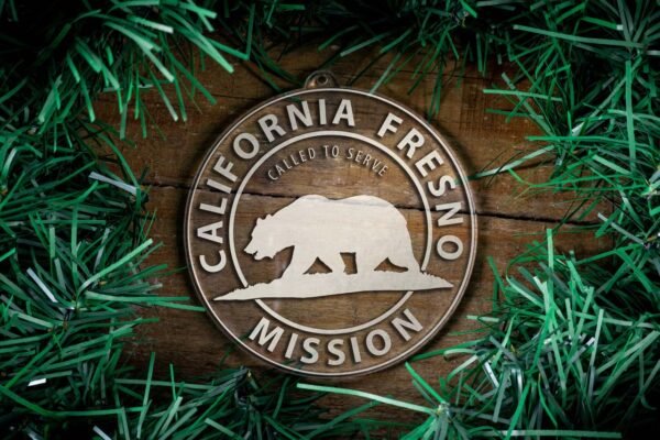 LDS California Fresno Mission Christmas Ornament surrounded by a Simple Reef