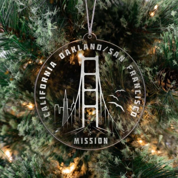 LDS California Oakland/San Francisco Mission Christmas Ornament hanging on a Tree