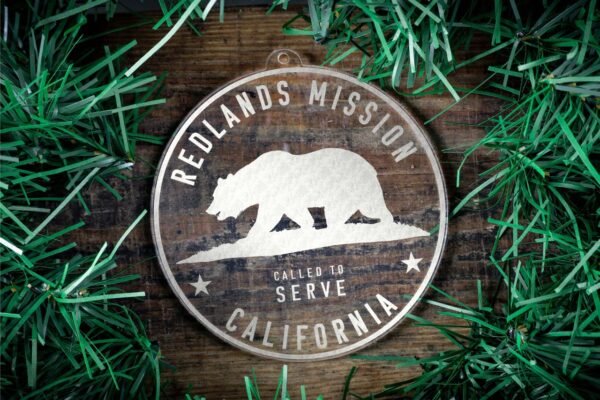 LDS California Redlands Mission Christmas Ornament surrounded by a Simple Reef