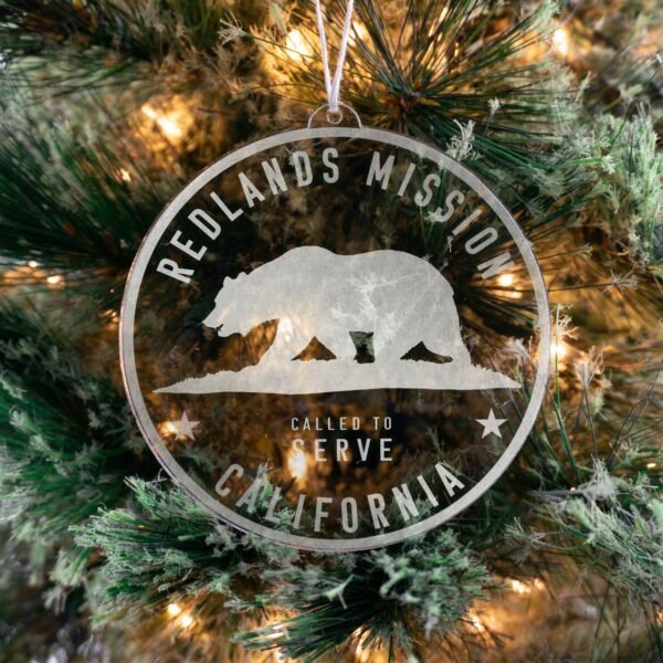 LDS California Redlands Mission Christmas Ornament hanging on a Tree