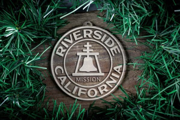 LDS California Riverside Mission Christmas Ornament surrounded by a Simple Reef