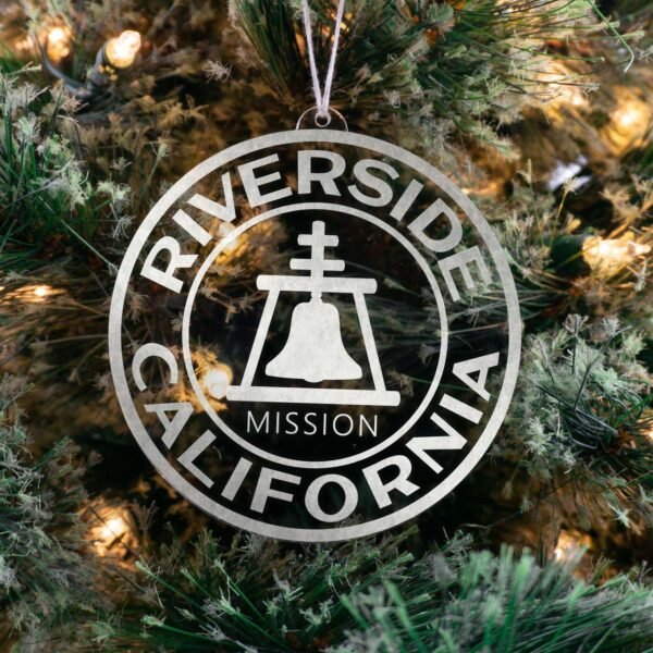LDS California Riverside Mission Christmas Ornament hanging on a Tree