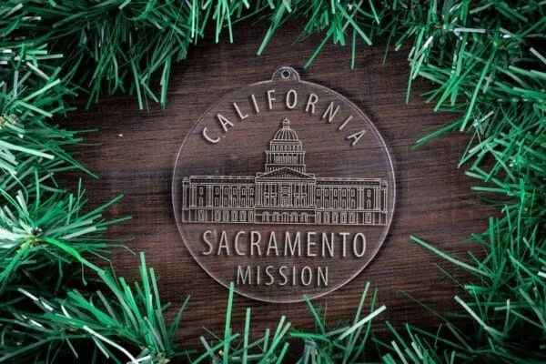 LDS California Sacramento Mission Christmas Ornament surrounded by a Simple Reef
