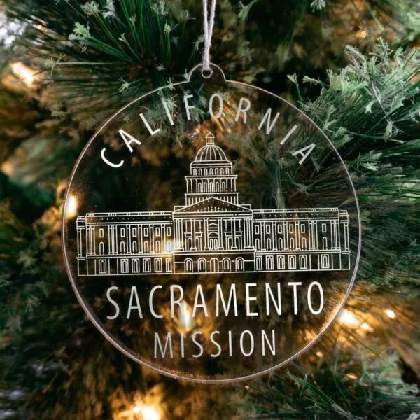LDS California Sacramento Mission Christmas Ornament hanging on a Tree