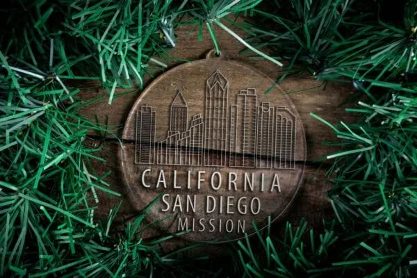 LDS California San Diego Mission Christmas Ornament surrounded by a Simple Reef