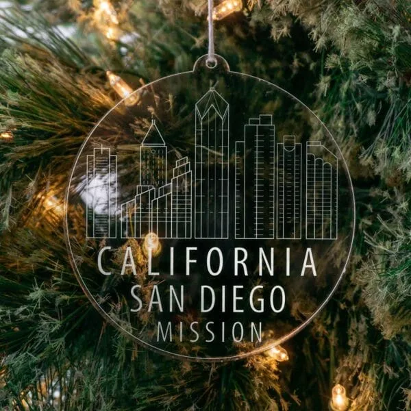 LDS California San Diego Mission Christmas Ornament hanging on a Tree
