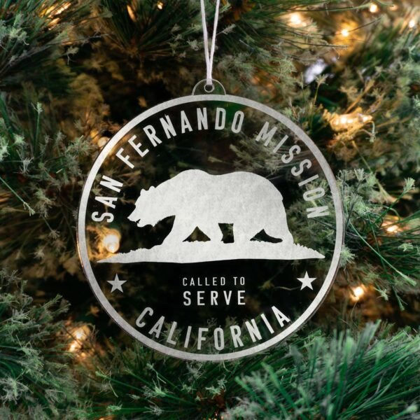 LDS California San Fernando Mission Christmas Ornament hanging on a Tree
