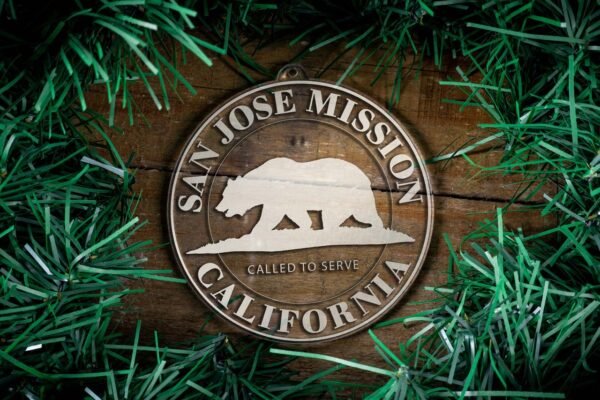 LDS California San Jose Mission Christmas Ornament surrounded by a Simple Reef