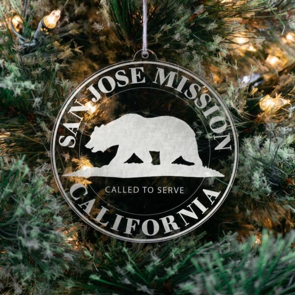 LDS California San Jose Mission Christmas Ornament hanging on a Tree