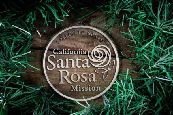 LDS California Santa Rosa Mission Christmas Ornament surrounded by a Simple Reef