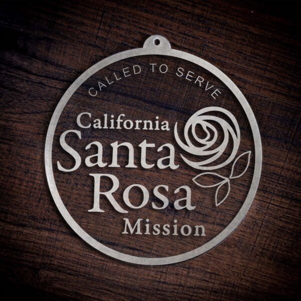 LDS California Santa Rosa Mission Christmas Ornament laying on a Wooden Background