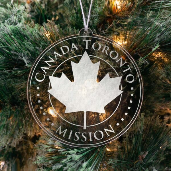 LDS Canada Toronto Mission Christmas Ornament hanging on a Tree