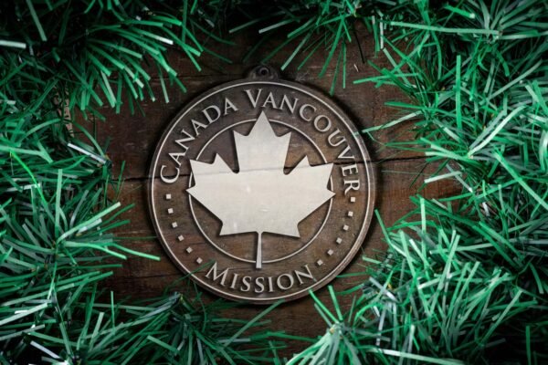 LDS Canada Vancouver Mission Christmas Ornament surrounded by a Simple Reef