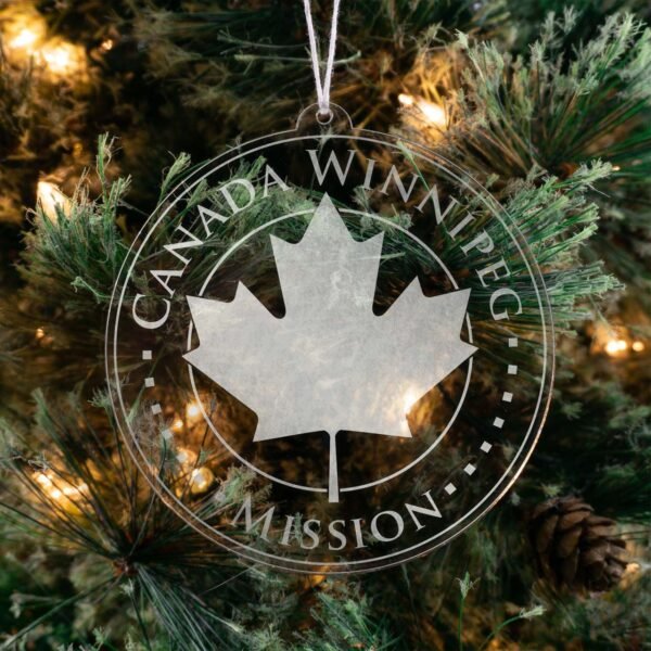 LDS Canada Winnipeg Mission Christmas Ornament hanging on a Tree
