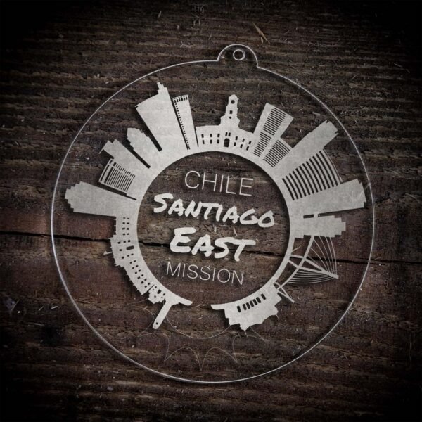 LDS Chile Santiago East Mission Christmas Ornament laying on a Wooden Background