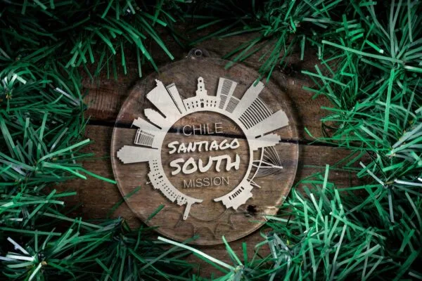 LDS Chile Santiago South Mission Christmas Ornament surrounded by a Simple Reef